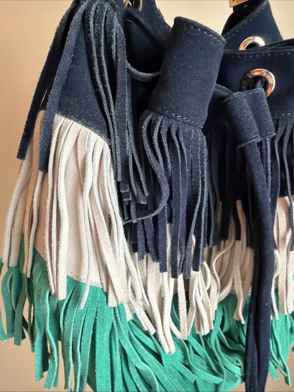 Boden Fringe leather Drawstring Bucket Bag Blue Taupe Teal Festival Western Boho